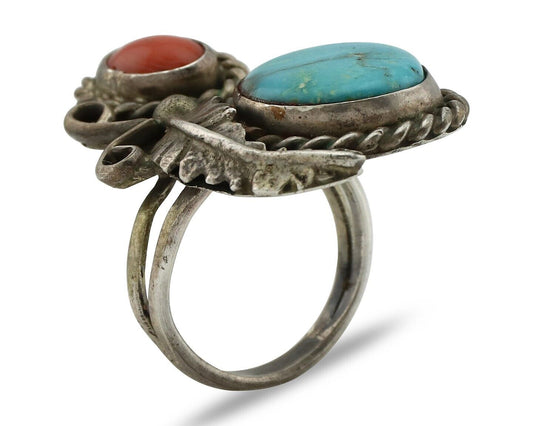 Navajo Handmade Ring 925 Silver Turquiose & Coral Native American Artist C.80's