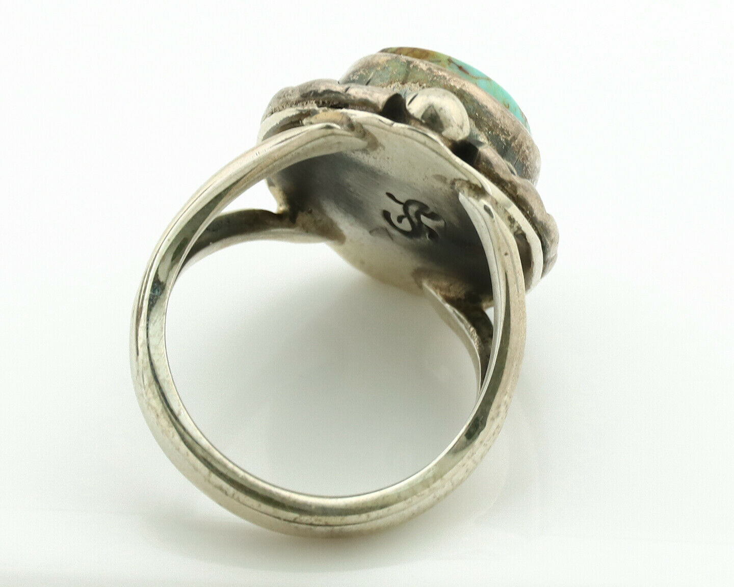 Navajo Ring .925 Silver Kingman Turquoise Artist Signed Gecko C.1980's