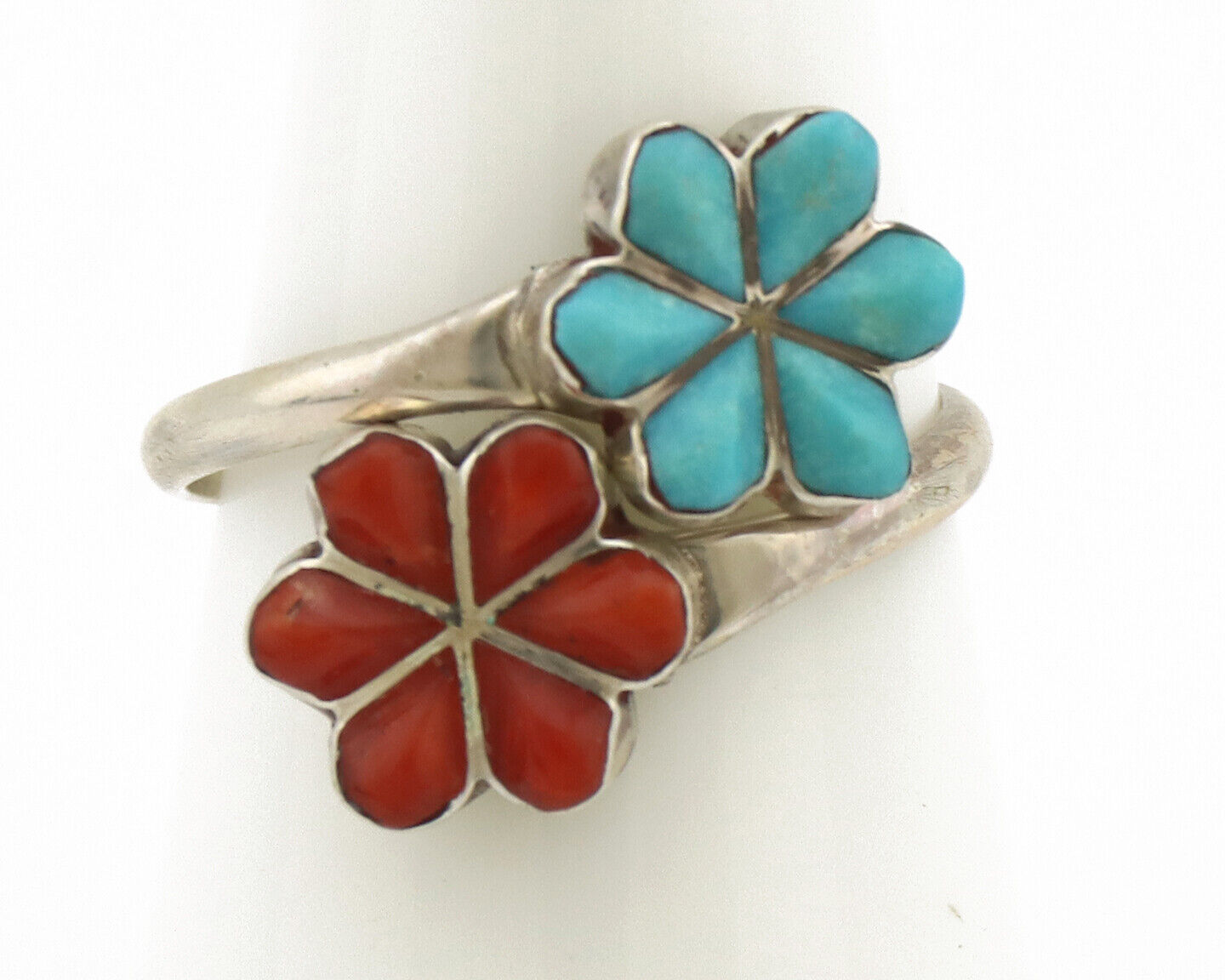 Zuni Flower Ring 925 Silver Turquoise & Coral Native American Artist C.80's