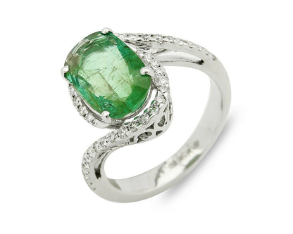 Women's Natural Mined Emerald & Diamond 3.31 tcw 14k SOLID White Gold Ring