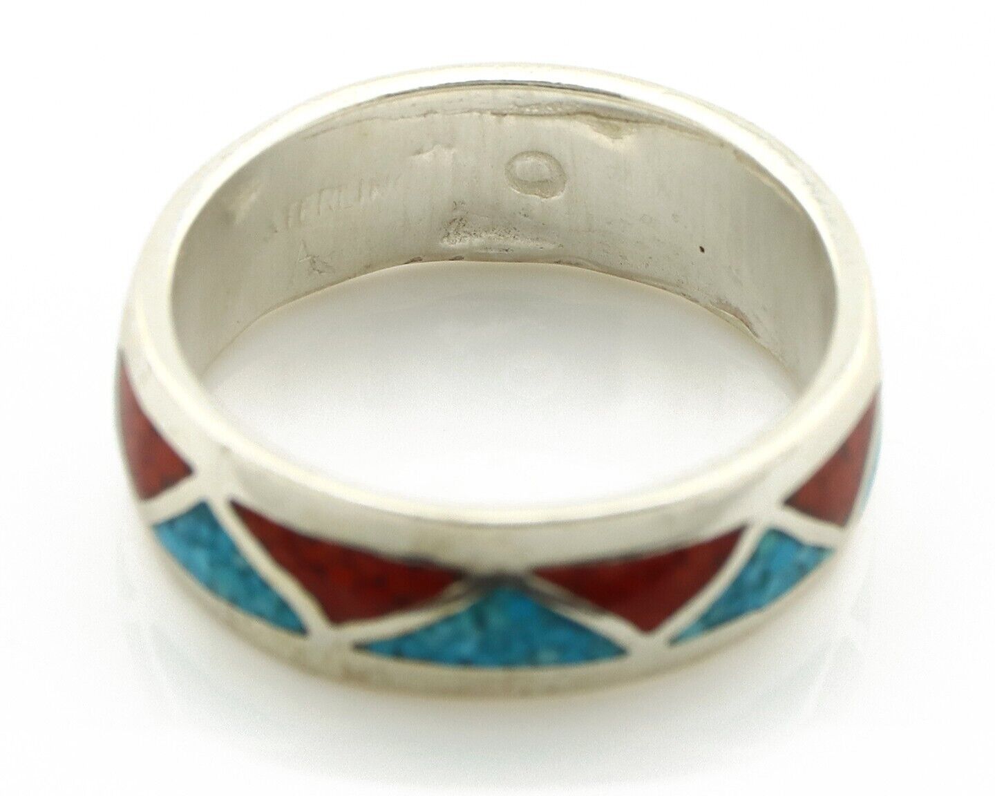 Navajo Chip Inlay Ring 925 Silver Sleeping Beauty Turquoise & Coral Silver Cloud