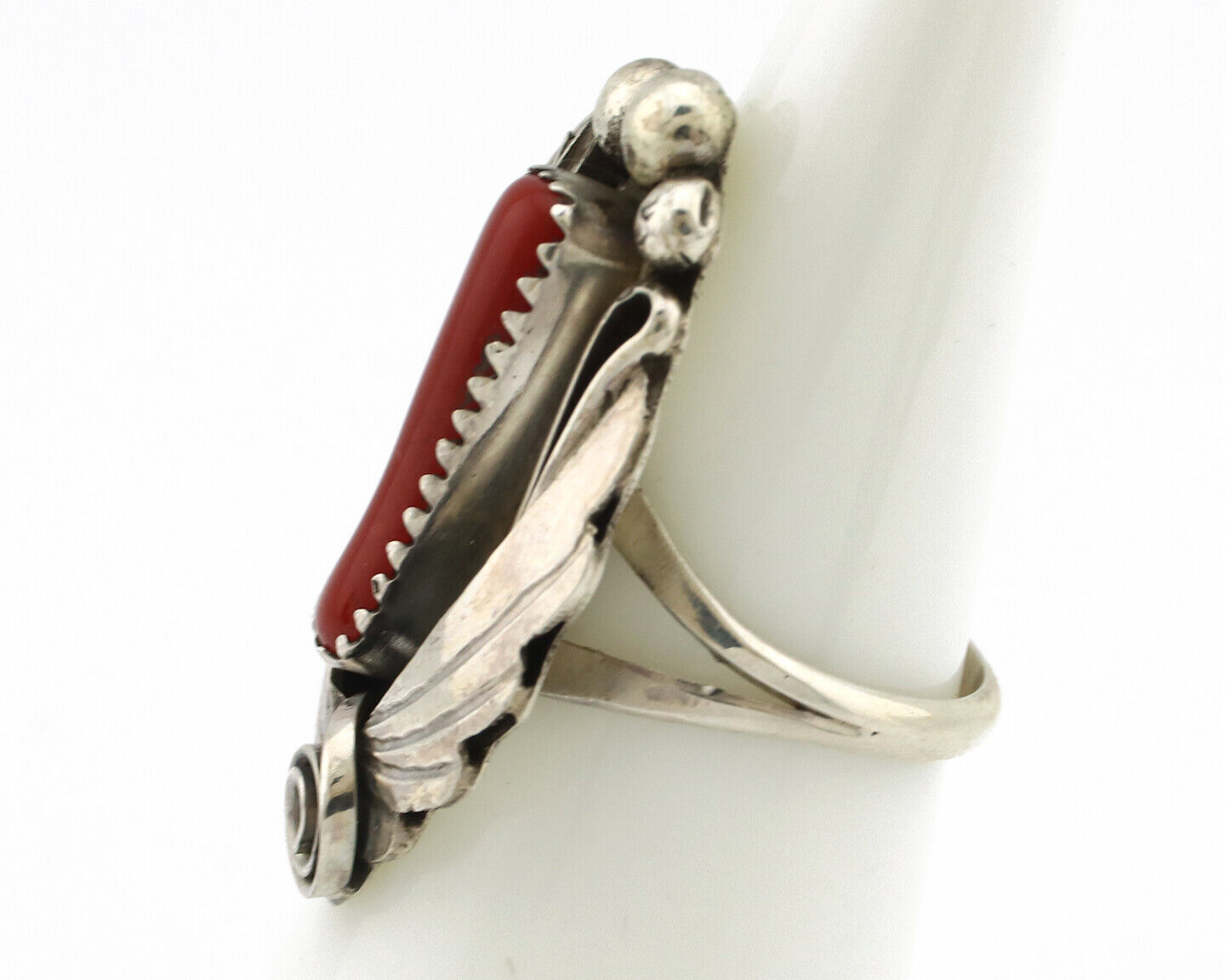 Navajo Ring 925 Silver Mediterranean Coral Artist Signed Justin Morris C.80's