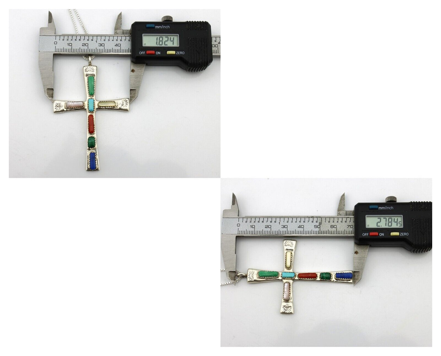 Zuni Handmade Cross Necklace 925 Silver Natural Gemstone Signed W. IULE C.80's