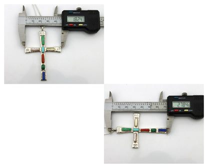 Zuni Handmade Cross Necklace 925 Silver Natural Gemstone Signed W. IULE C.80's