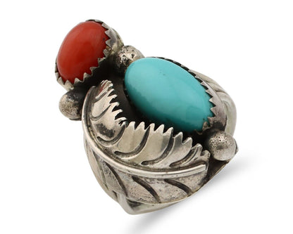 Navajo Handmade Ring 925 Silver Turquiose & Coral Native American Artist C.80's