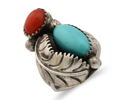 Navajo Handmade Ring 925 Silver Turquiose & Coral Native American Artist C.80's