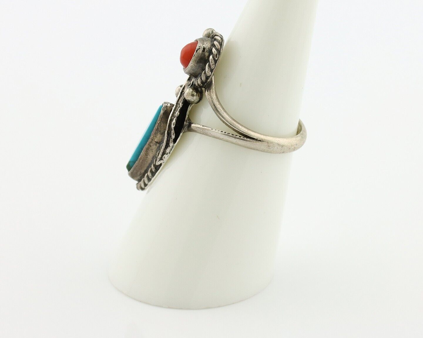 Navajo Handmade Ring 925 Silver Turquiose & Coral Native American Artist C.80's