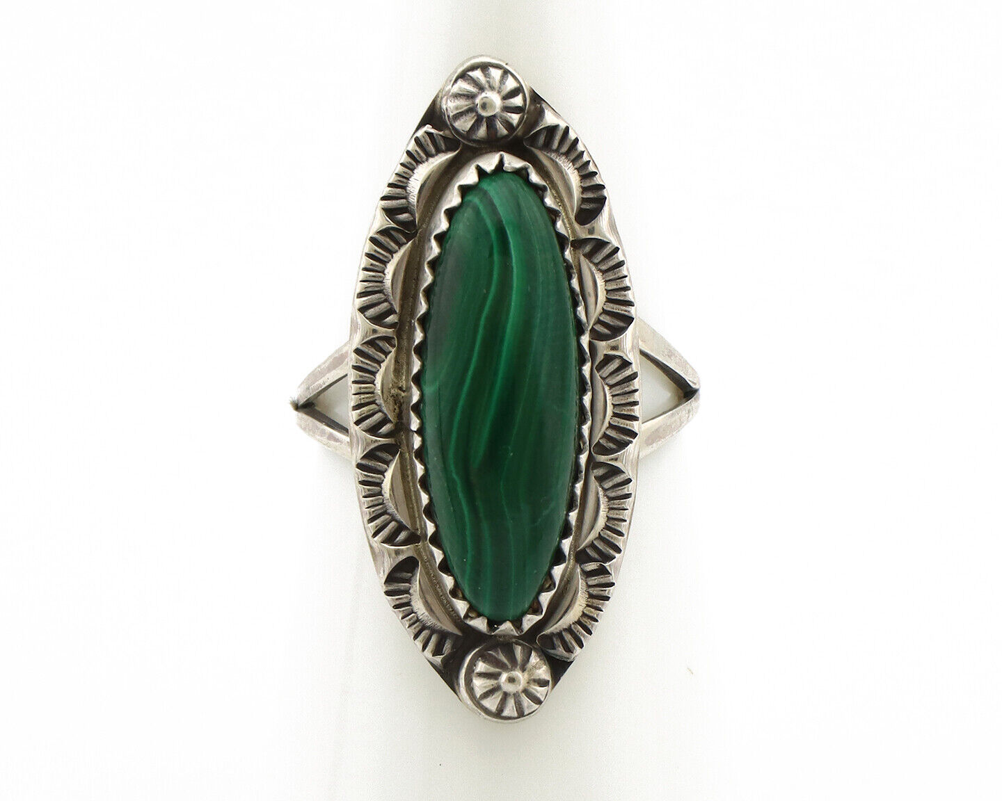 Navajo Ring 925 Silver Natural Malachite Artist Native American Signed H C.80's