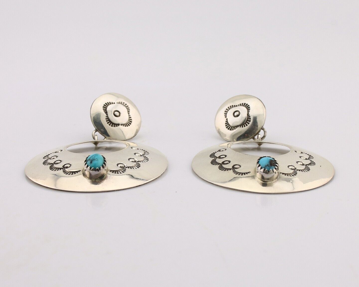 Navajo Handmade Earrings 925 Silver Blue Turquoise Signed Vera Jane C.80's