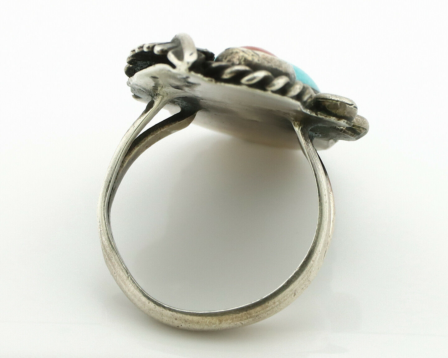 Navajo Ring .925 Silver Turquoise & Coral Native American Artist C.1975's