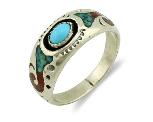 Navajo Handmade Ring 925 Silver Blue Turquoise & Coral Native American C.80's