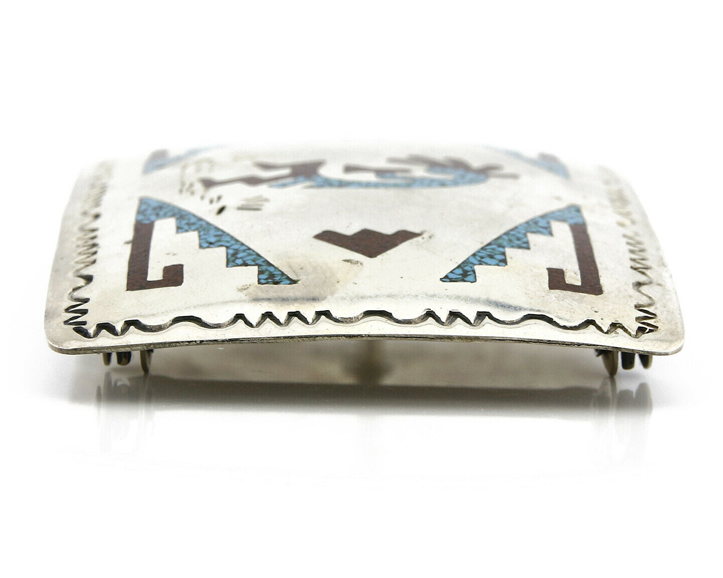 Navajo Belt Buckle .925 Silver Turquoise Coral Artist HB C.80's