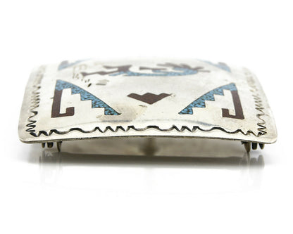 Navajo Belt Buckle .925 Silver Turquoise Coral Artist HB C.80's