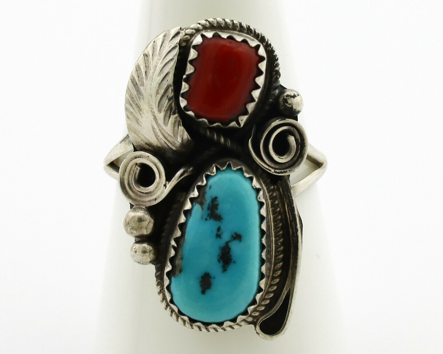 Navajo Ring .925 Silver Turquoise & Coral Artist Signed J Morris C.80's