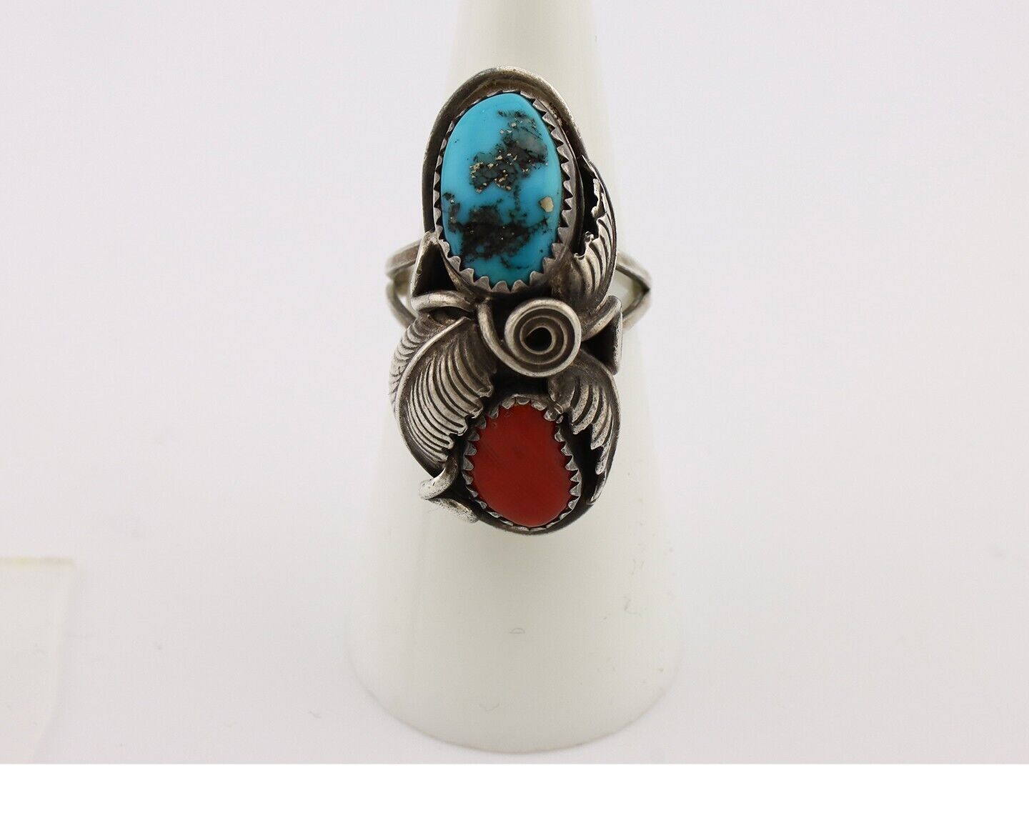 Navajo Handmade Ring 925 Silver Turquiose & Coral Artist Signed MP C.80's