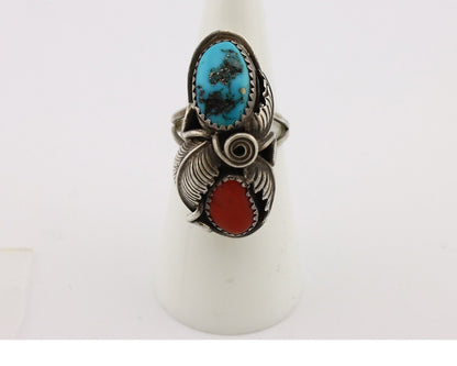 Navajo Handmade Ring 925 Silver Turquiose & Coral Artist Signed MP C.80's