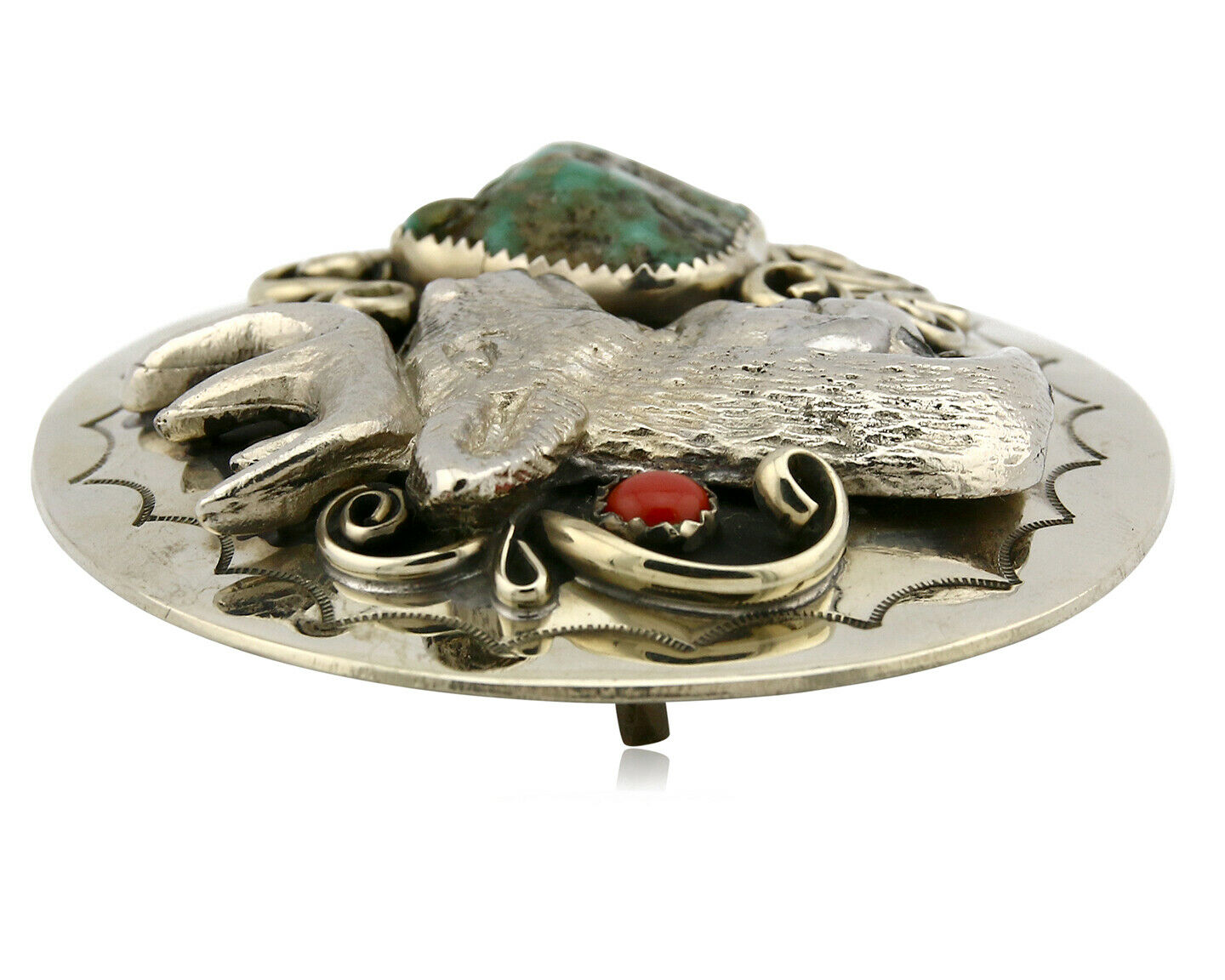 Navajo Belt Buckle .925 Silver & Nickle Gemstones Native American Artist C.80's