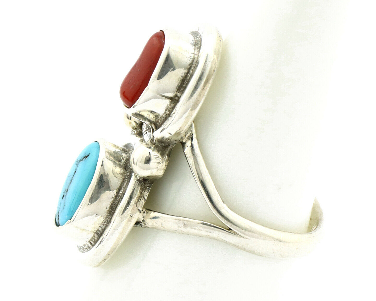 Navajo Ring .925 Silver Red Coral & Blue Turquoise Native Artist C.80's