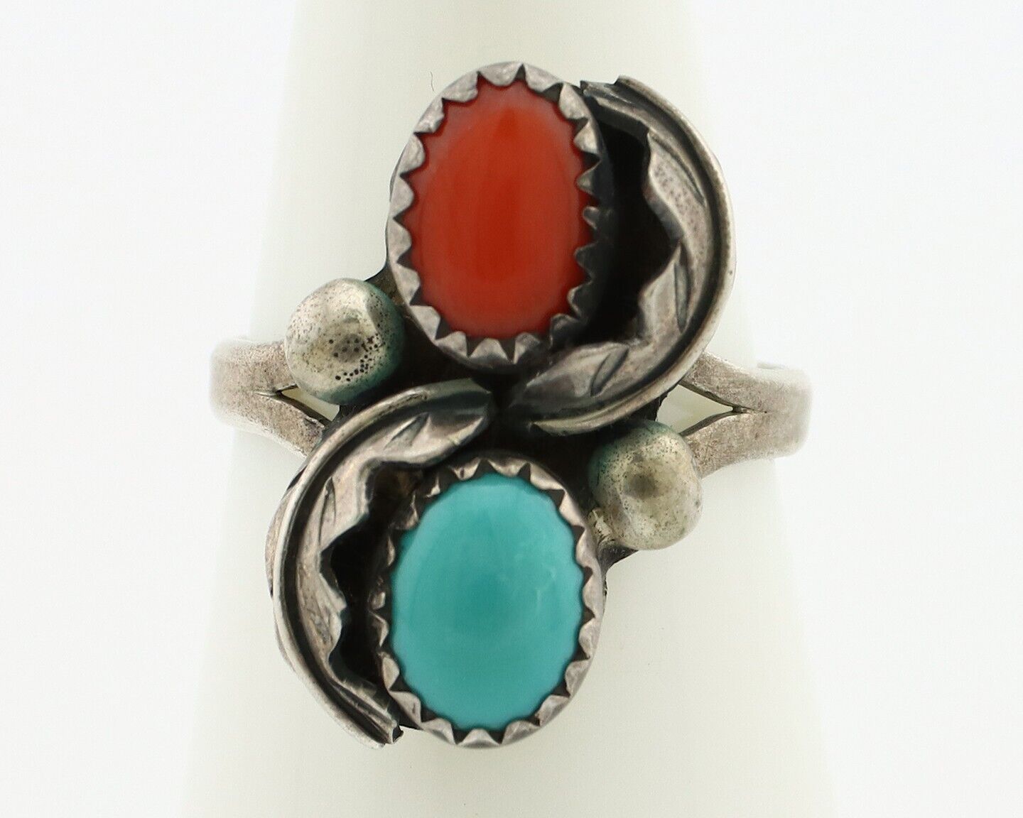 Navajo Handmade Ring 925 Silver Turquiose & Coral Native American Artist C.80's