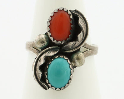 Navajo Handmade Ring 925 Silver Turquiose & Coral Native American Artist C.80's