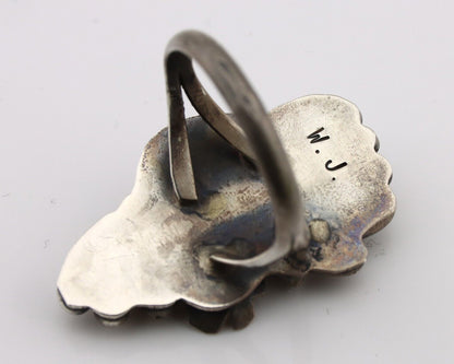 Navajo Handmade Ring 925 Silver Turquiose & Coral Artist Signed WJ C.80's