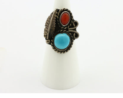 Navajo Handmade Ring 925 Silver Turquiose & Coral Native American Artist C.80's