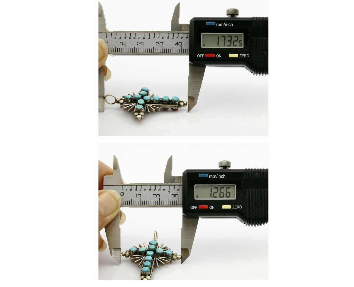 Zuni REAL Turquoise and Coral Reversible 925 Silver Handmade Cross Pendant