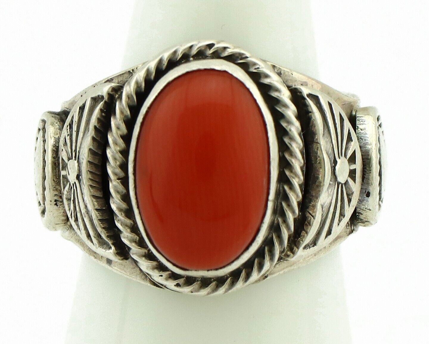 Navajo Ring 925 Silver Natural Mediterranean Coral Artist Signed Tobe Turpen C80