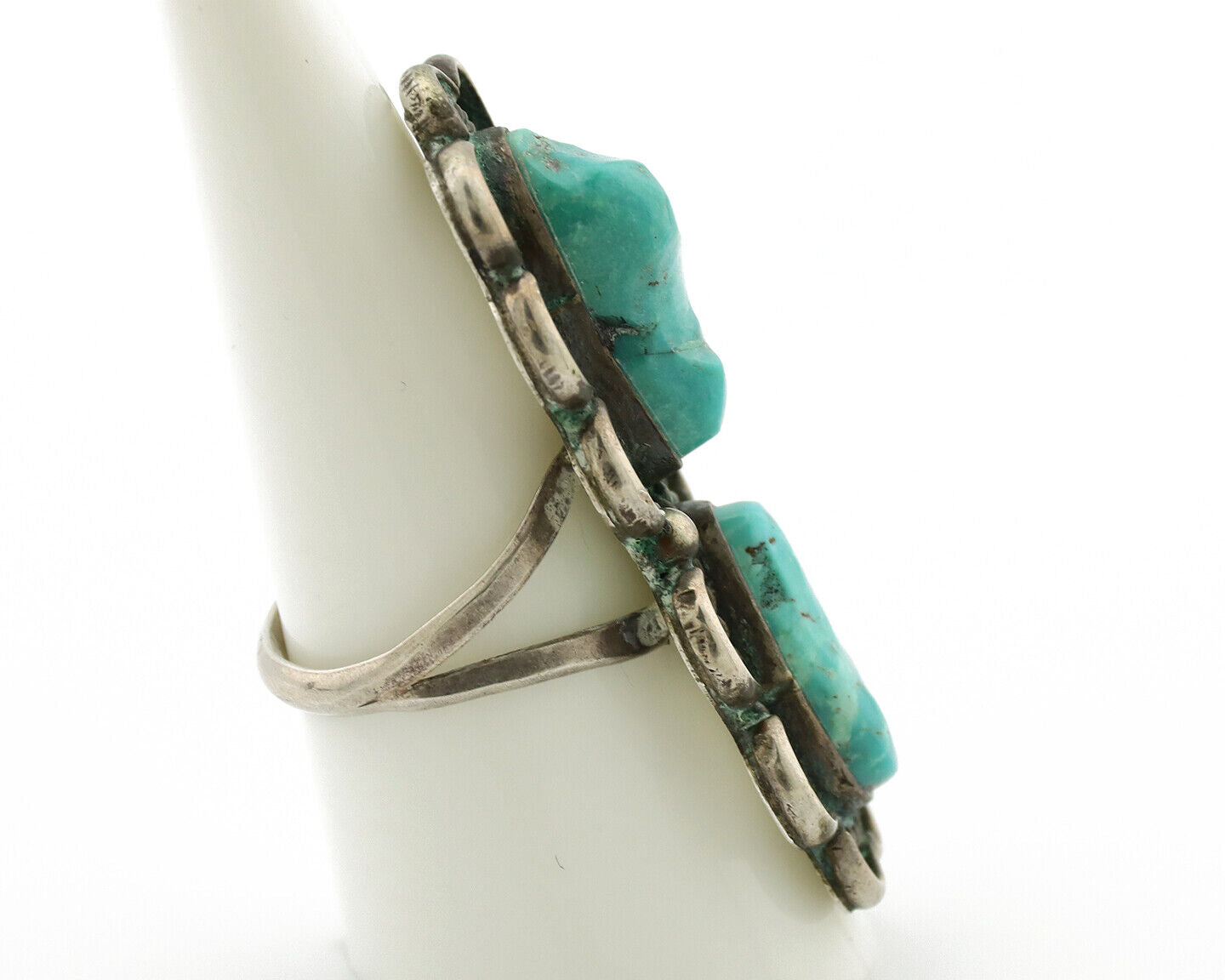 Navajo Ring .925 Silver Globe Turquoise Hand Stamped Native American Artist C80s