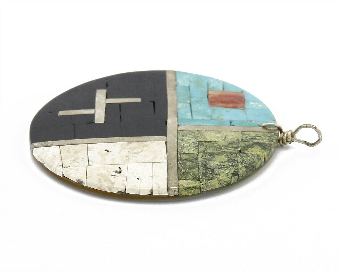 C. 1980's Santa Domingo Natural Gemstone Inlaid Handmade .925 Silver Pendant