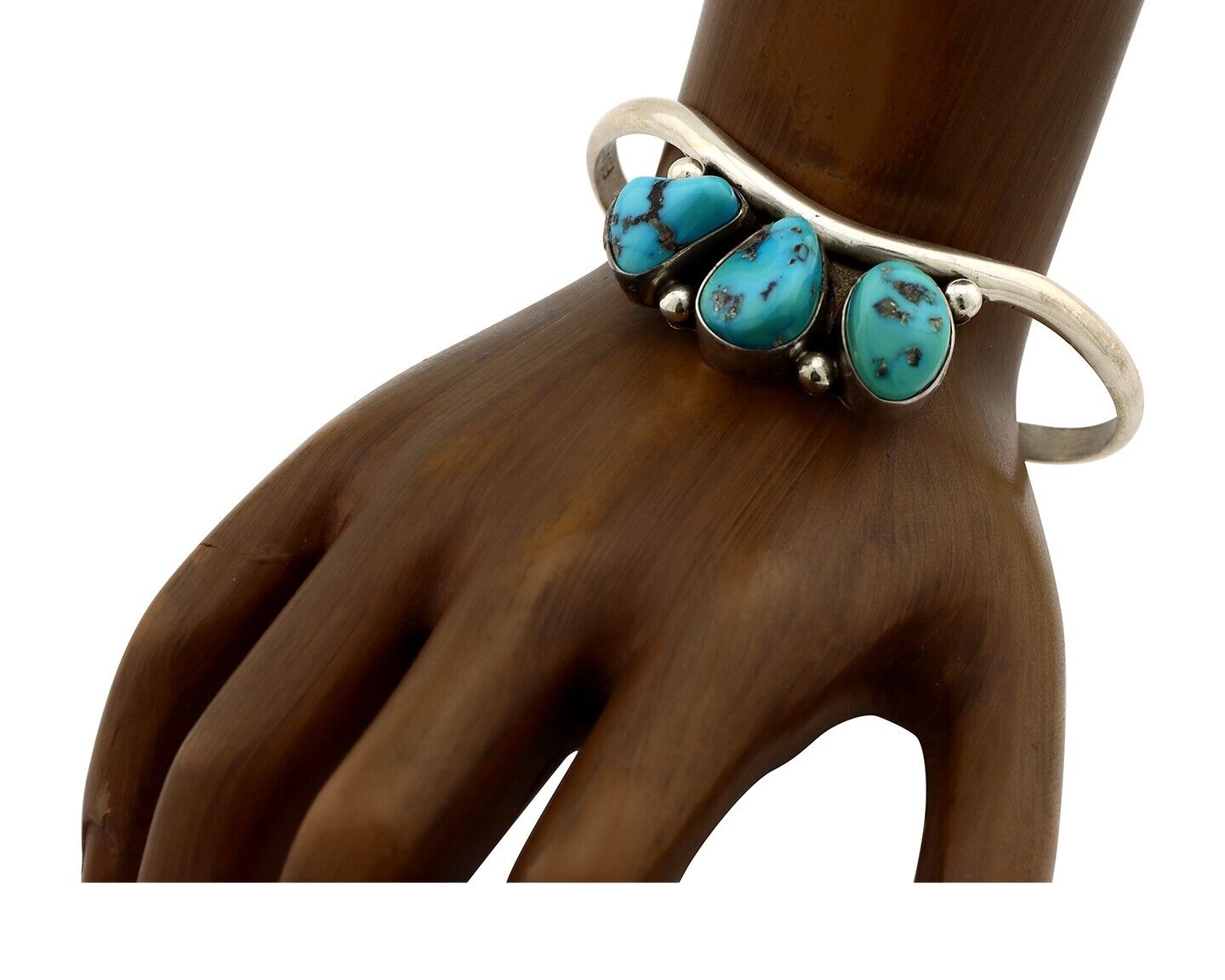 Navajo Bracelet 925 Silver Blue Kingman Turquoise Artist Signed E SANDAVOL C80s