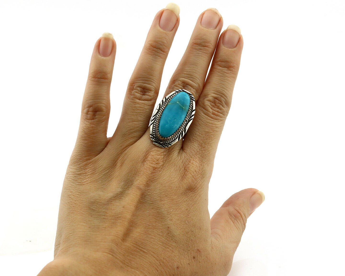 Navajo Ring .925 Silver Blue Turquoise Artist Signed M Begay C.1980's