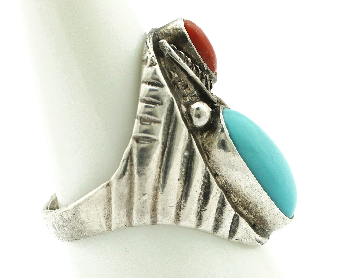 Navajo Ring 925 Silver Coral & Globe Turquoise Native American Artist C.1970's