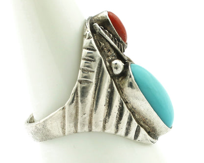 Navajo Ring 925 Silver Coral & Globe Turquoise Native American Artist C.1970's