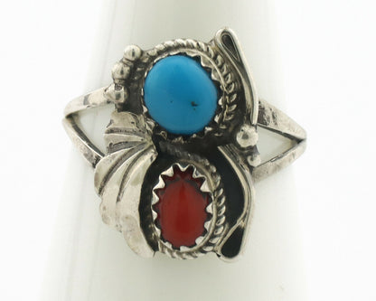 Navajo Ring .925 Silver Morenci Turquoise & Coral Native Artist Signed JM C.80's