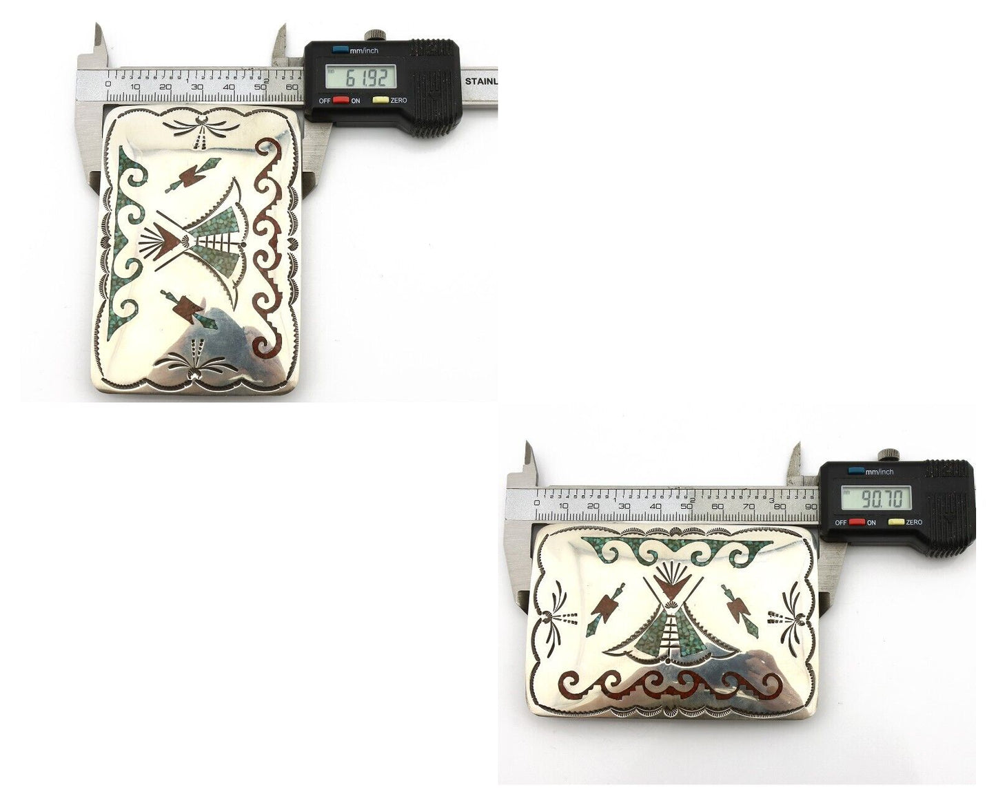 Navajo Belt Buckle .925 Silver Handmade Chip Inlay Artist Signed Bee Gay C.80's