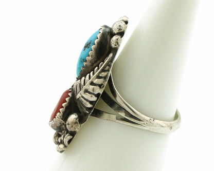 Navajo Ring .925 Silver Turquoise & Coral Artist Signed Thomas Singer C.80's