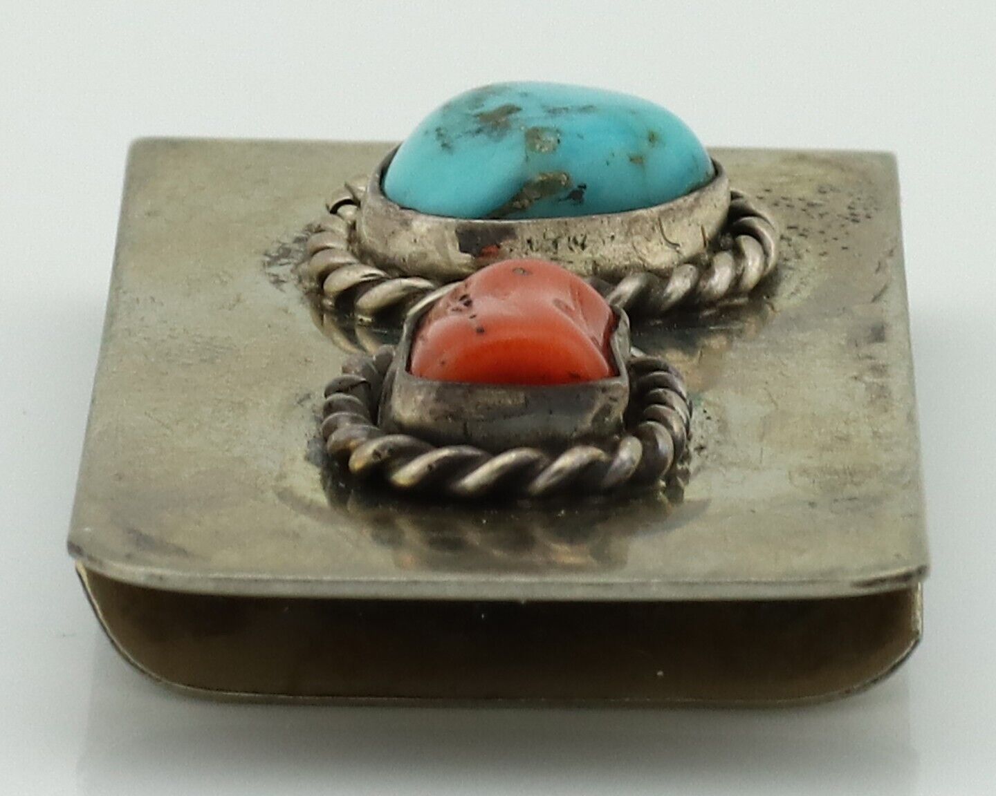 Navajo Money Clip 925 Silver & 999 Nickel Natural Turquoise & Coral Artist C80