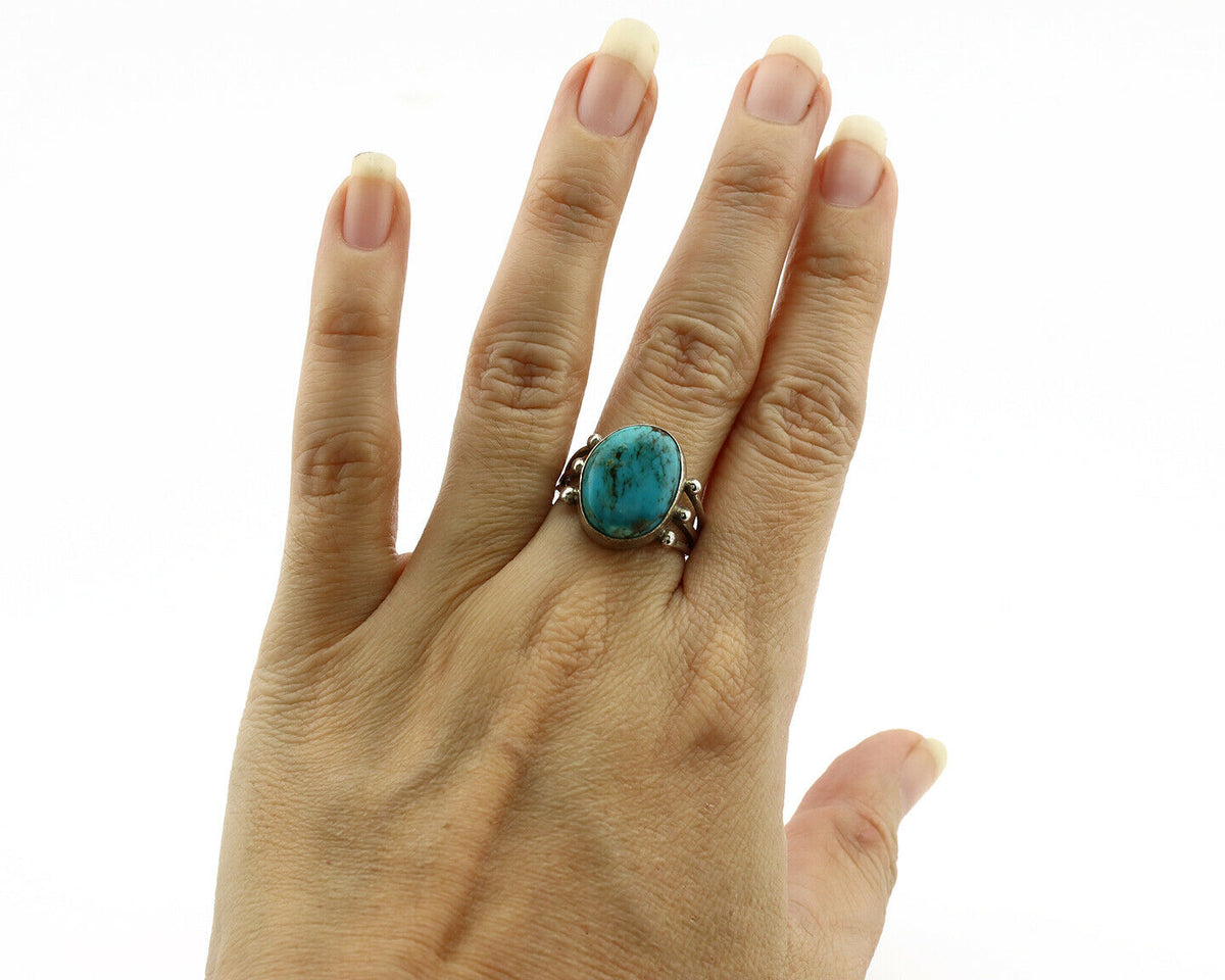 Navajo Ring .925 Silver Kingman Turquoise Native American Artist C.1980's