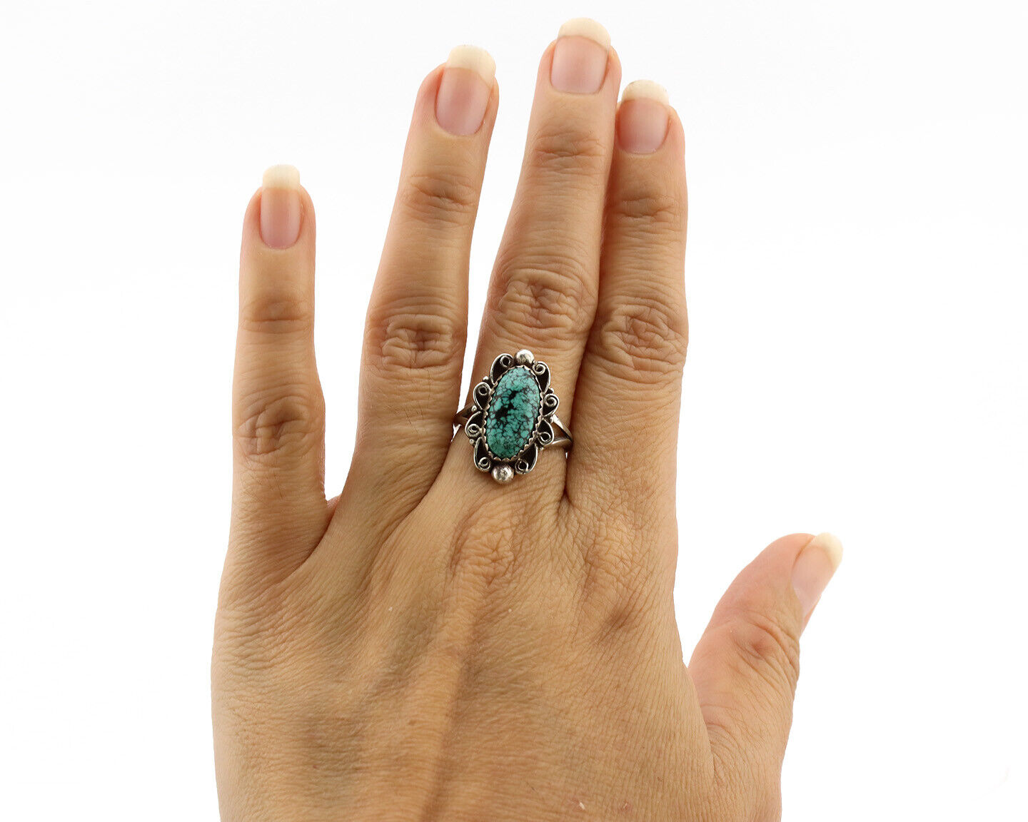 Navajo Ring .925 Silver Spiderweb Turquoise Artist Signed TALHAT C.80's
