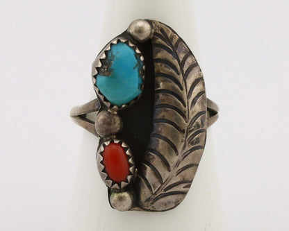 Navajo Handmade Ring 925 Silver Turquiose & Coral Artist Signed Moore C.80's