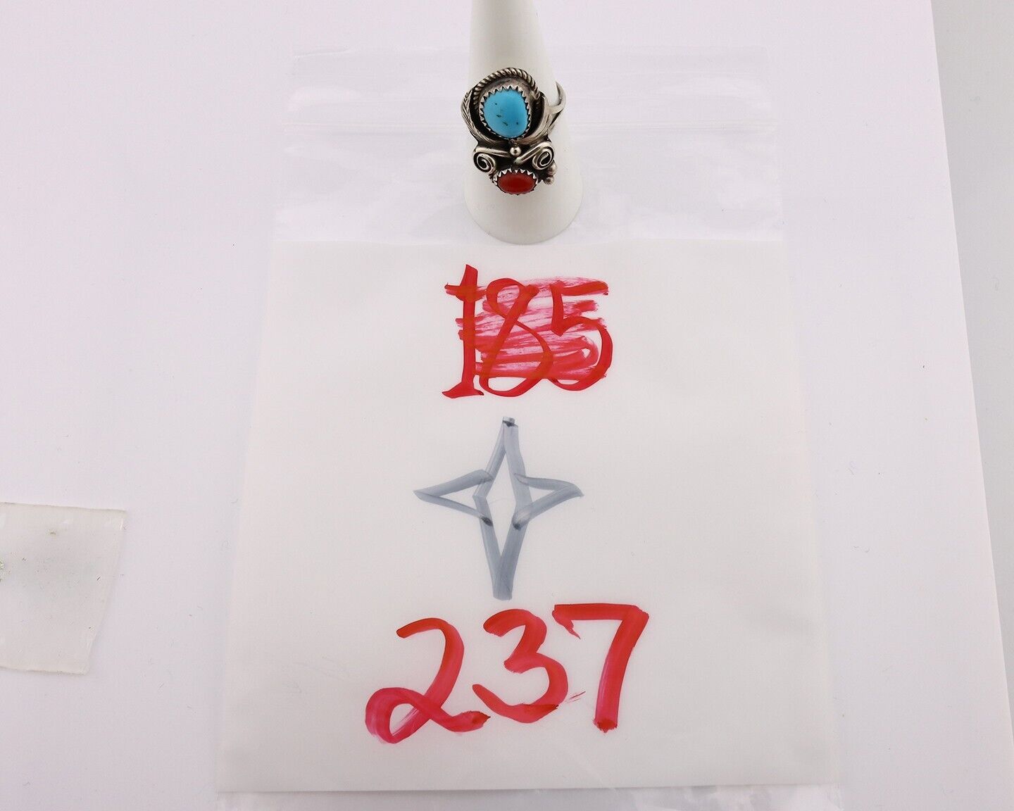 Navajo Ring 925 Silver Blue Turquiose & Coral Artist Signed Justin Morris C.80's