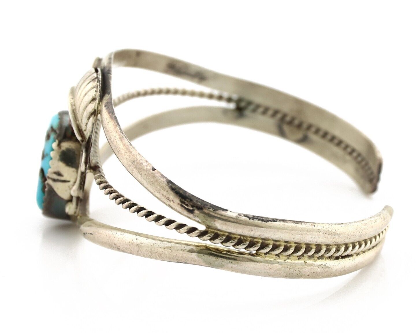 Navajo Chip Inlay Cuff Bracelet 925 Silver Turquoise Native American Artist C80s