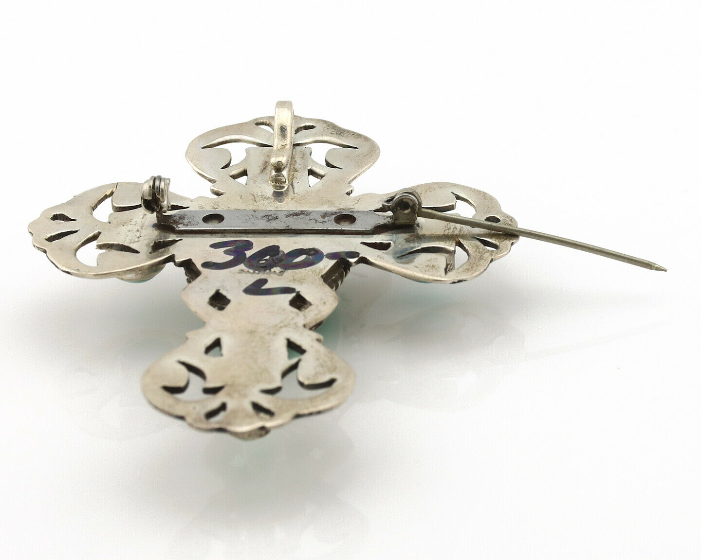 Navajo Cross Pin Necklace .925 Silver Kingman Turquoise Signed EY C.80's