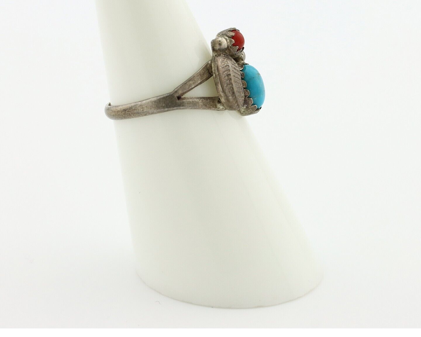 Navajo Handmade Ring 925 Silver Turquiose & Coral Native American Artist C.80's