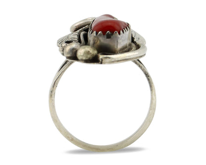 Navajo Ring 925 Silver Mediterranean Coral Artist Signed Justin Morris C.80's