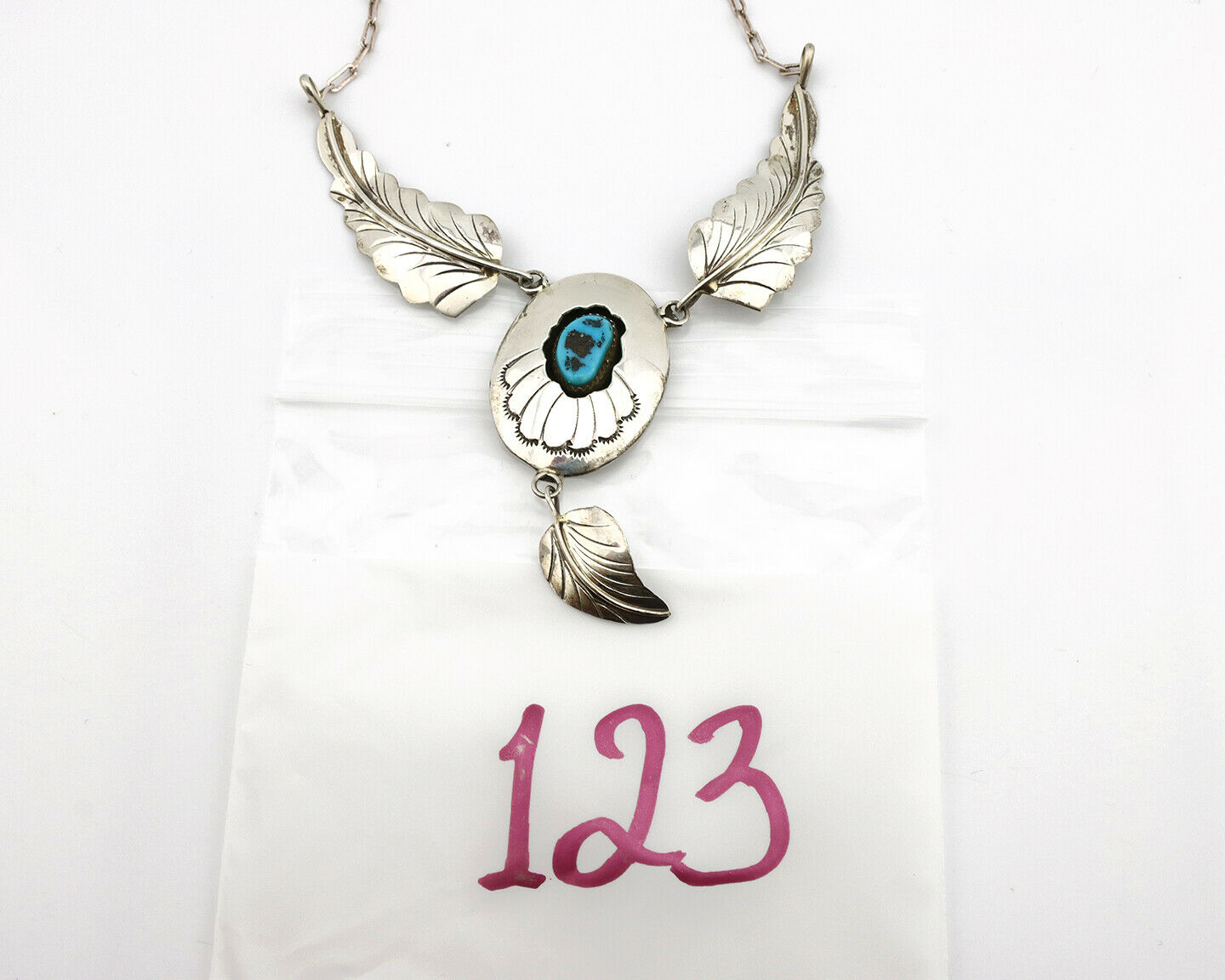 Navajo Necklace .925 Silver Sleeping Beauty Turquoise Signed M C.80's