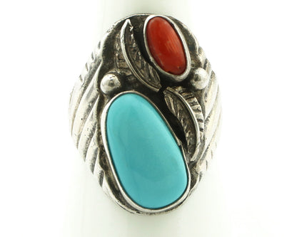 Navajo Ring 925 Silver Coral & Globe Turquoise Native American Artist C.1970's