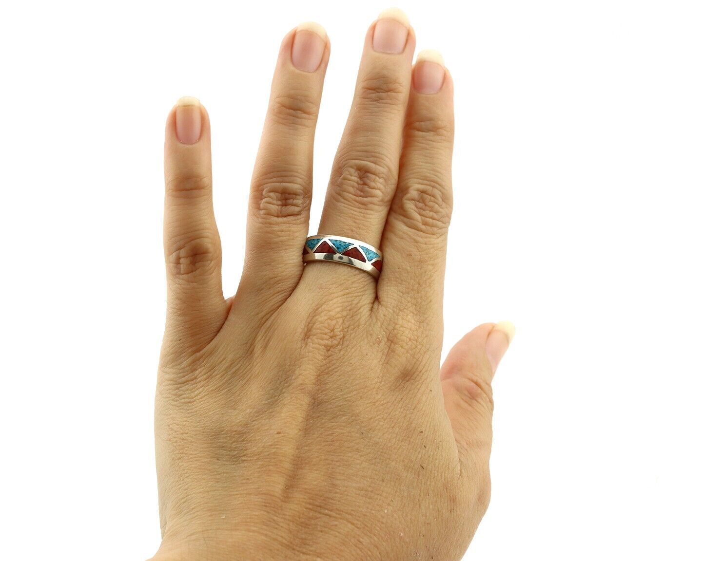 Navajo Chip Inlay Ring 925 Silver Sleeping Beauty Turquoise & Coral Silver Cloud