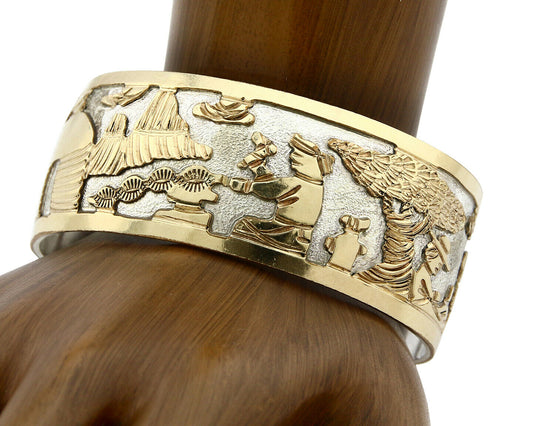 Navajo Bracelet Pictograph Landscape SOLID .925 Silver & 12K GF Artist Signed B